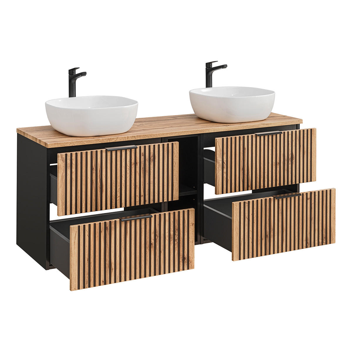 BADMÖBEL 140.6cm Gaia 2er-Set Holz in Eichenoptik und Schwarz - Schwarz, Holzwerkstoff (140.6/59/46cm) - Petits-meubles