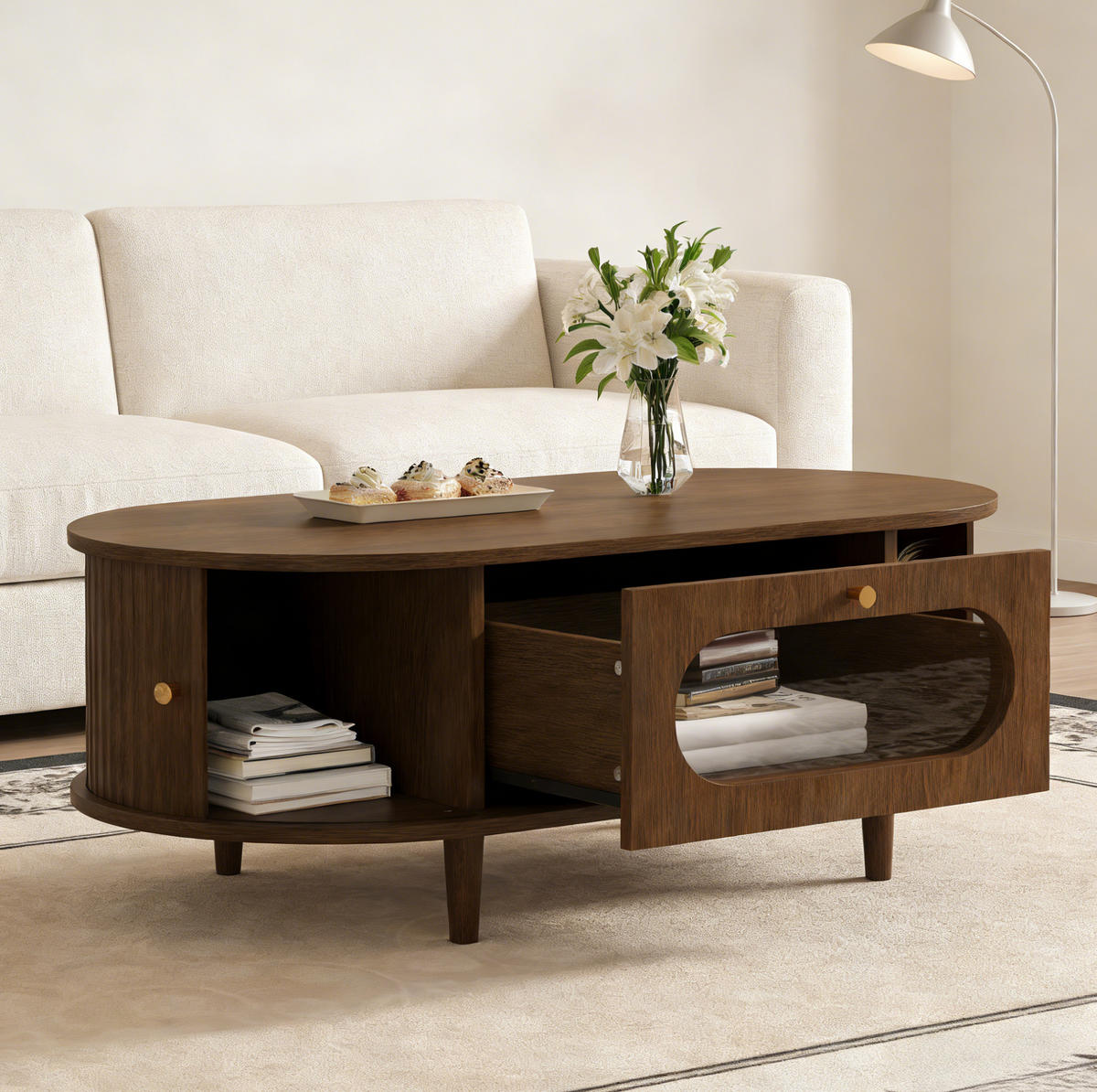 KONFERENČNÍ stolek z MDF 100x50x36 cm ořechová barva se zásuvkou a roletovými dvířky, minimalistický design - barva vlašského ořechu, kompozitní dřevo (100/50/36cm) - Modfu
