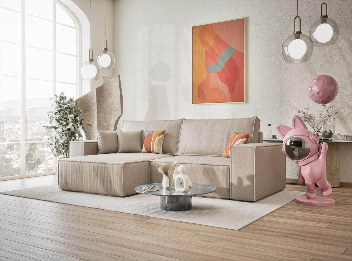 ECKSOFA MIT SCHLAFFUNKTION Zaya Beige Webstoff - Beige/Schwarz, Holz/Holzwerkstoff (255/148cm) - Maison de Reve