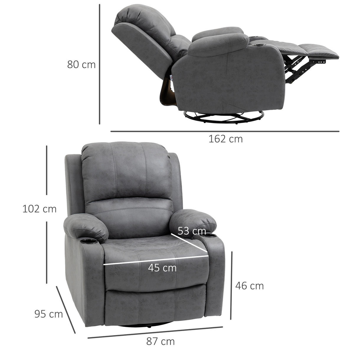 RELAXSESSEL Fernsehsessel mit Liegefunktion, Ruhesessel mit Wippfunktion, Grau - Grau, Textil (95/102/87cm) - HOMCOM