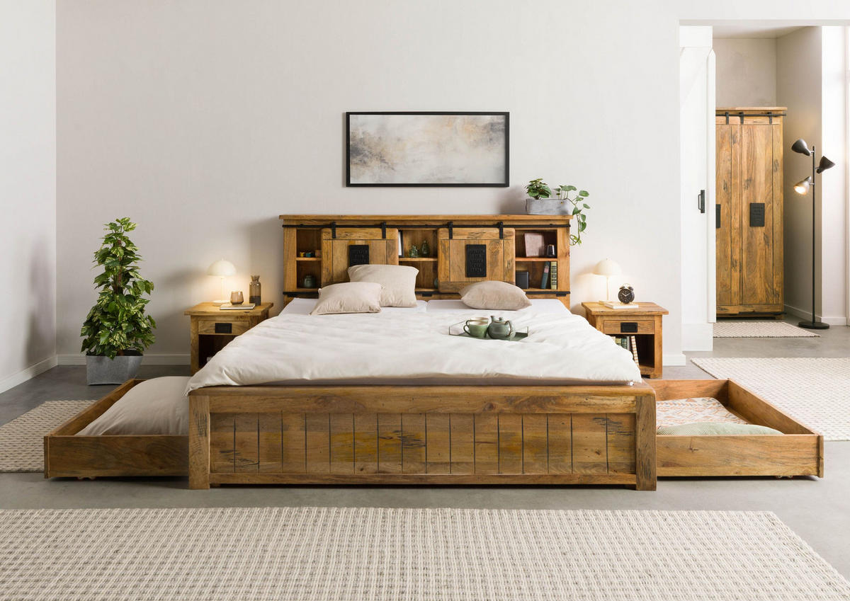 HOLZBETT mit Schublade Mango 180x200 natur lackiert RAILWAY #172 - Braun, Holz (180/200cm) - Massivmoebel24