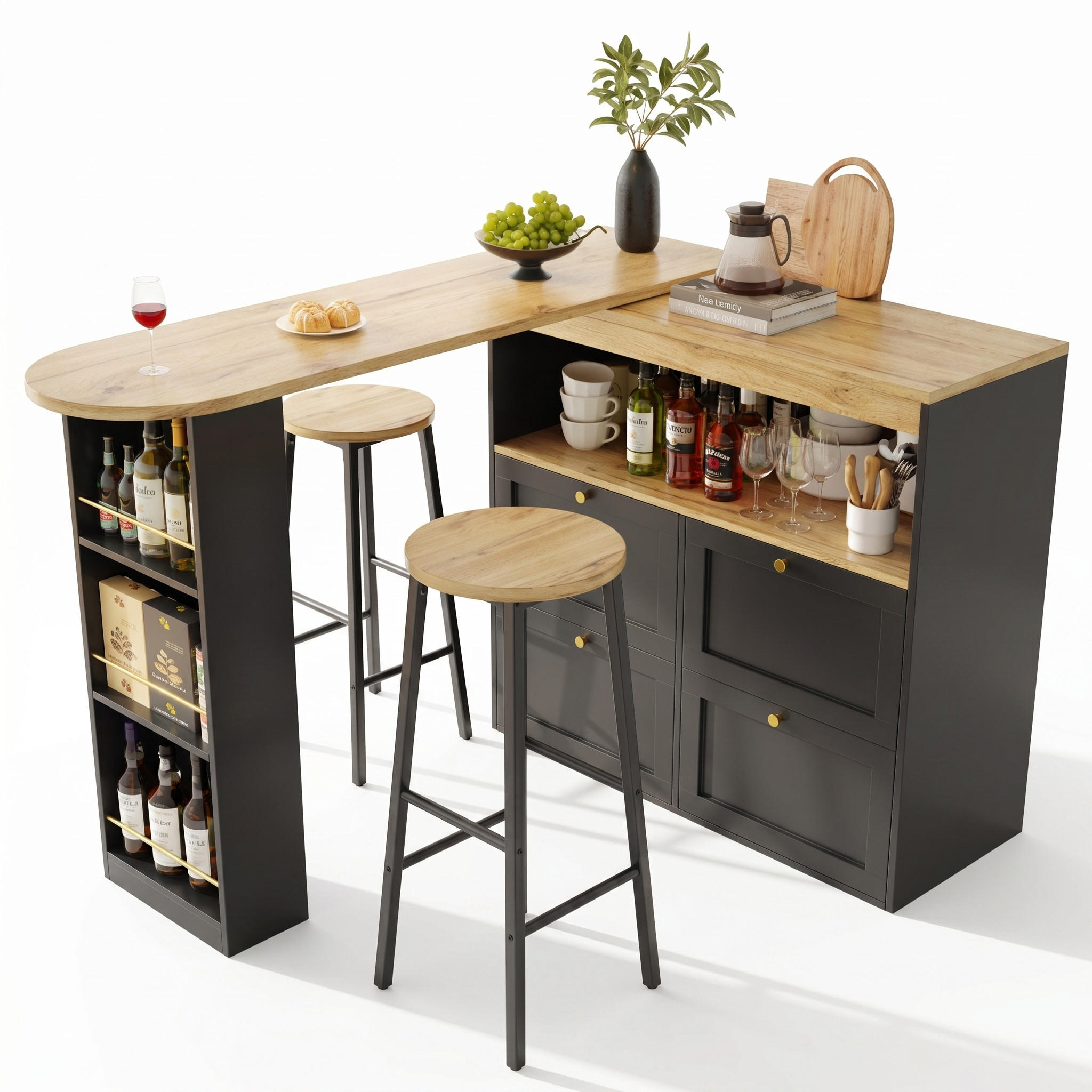 KÜCHENINSEL Stauraum Barhocker Schwarz Holzoptik - Multicolor, Metall (138/105/39cm) - FLIEKS