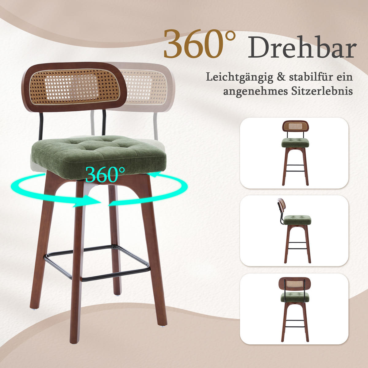 BARHOCKER 2er Set, 360° drehbar, Wiener Geflecht/Chenille, 67,5cm Sitzhöhe, Grün - Wildeiche/Grün, Holz/Textil (44/96/51cm) - LVHOM