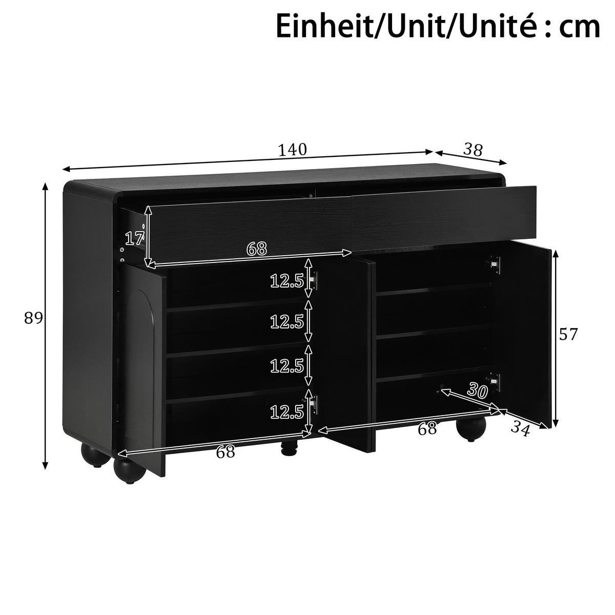 SIDEBOARD in Schwarz Aufbewahrungsschrank mit Schubladen, 140 B x38 T x 89 H(cm), fürs Wohn & Schlaf - Schwarz, Holzwerkstoff (140/89/38cm) - STILVORA