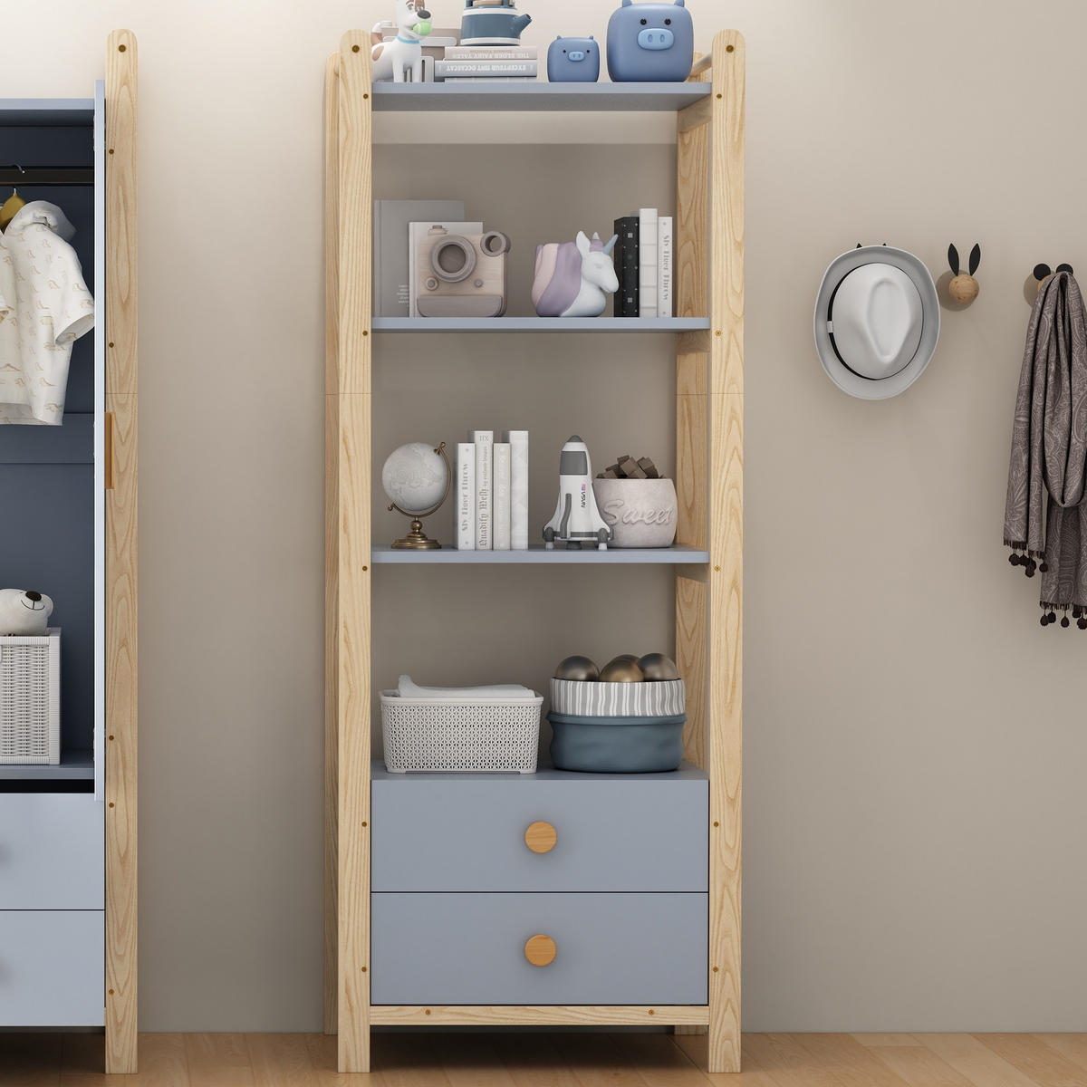 BÜCHERREGAL in Blau Standregal mit Schubladen für Wohnzimmer oder Bücherzimmer, B70/T44/H180cm - Blau/Naturfarben, Holz/Holzwerkstoff (70/180/44cm) - STILVORA