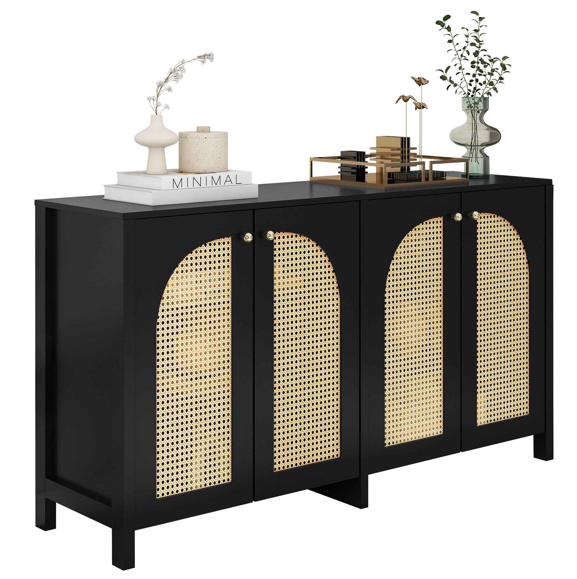 SIDEBOARD mit 4 Türen, verstellbarem Einlegeboden und Kunst-Rattan-Fronten, Schwarz - Schwarz, Holzwerkstoff (145/40/80cm) - Redom