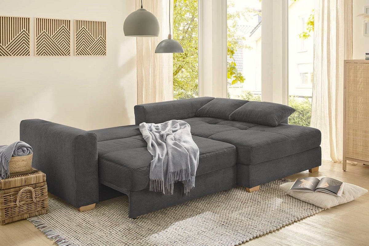 ECKSOFA-DAUERSCHLÄFER Federkern Bettkasten, seitenverkehrt montierbar B288/T186/H86 cm, Liegefl. 153x245 cm, Cord Grau Anthrazit / 15153 - Schieferfarben/Eichefarben, Holz/Textil (288/186cm) - luma-home