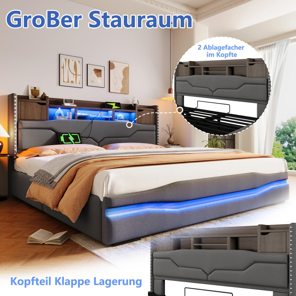POLSTERBETT 180x200 cm LED USB grau - Grau, Textil (180/200cm) - LEBENLANG