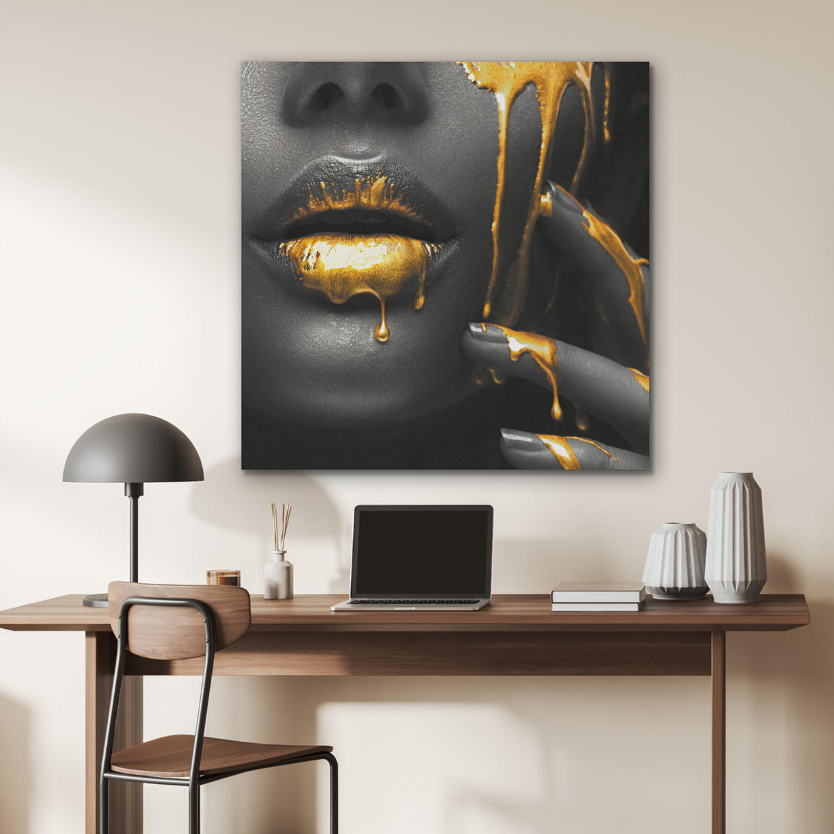 AKUSTIKPANEEL Frau - Schwarz - Gold - Gesicht - Lippen 90x90 cm - Goldfarben, Textil (90/0.9/90cm) - MuchoWow