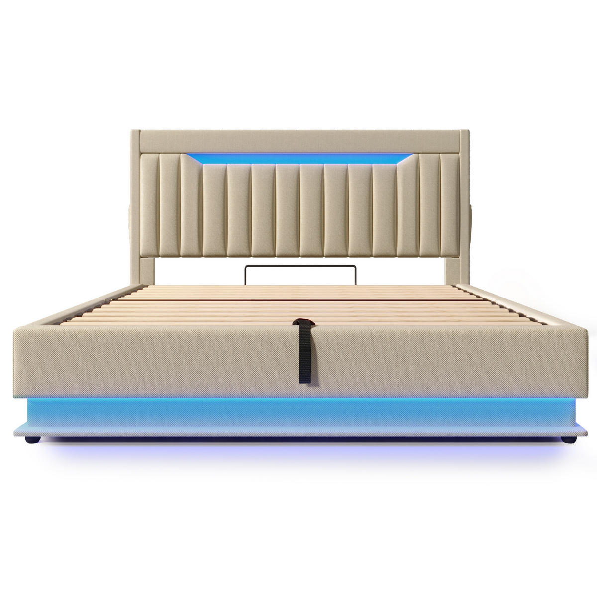 POLSTERBETT 140/200 cm Beige aus Leinen mit Stauraum, LED-Beleuchtung und USB - Beige, Textil (140/200cm) - Flora Grace
