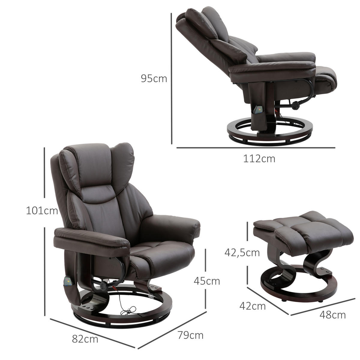 RELAXSESSEL Massagesessel mit Fußhocker Liegefunktion Braun 79 x 82 x 101 cm - Braun, Holz/Metall (82/101/79cm) - HOMCOM