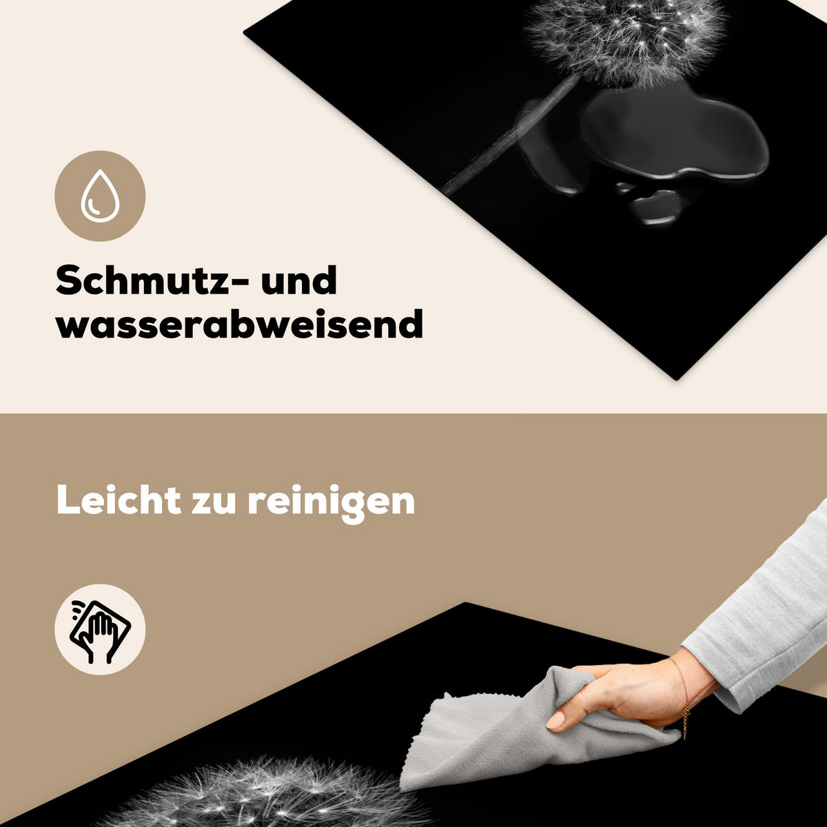 HERDABDECKPLATTE Löwenzahn - Schwarz - Floral - Botanisch Induktionsmatte 77x51 cm - Grau, Kunststoff (77/51/0.2cm) - MuchoWow