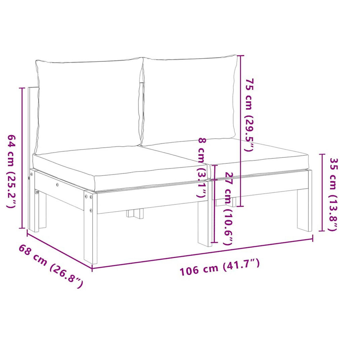 GARTENSOFA Ohne Armlehnen Mit Kissen 2-Sitzer Massivholz Akazie - Creme, Holz (68/64/106cm) - vidaXL