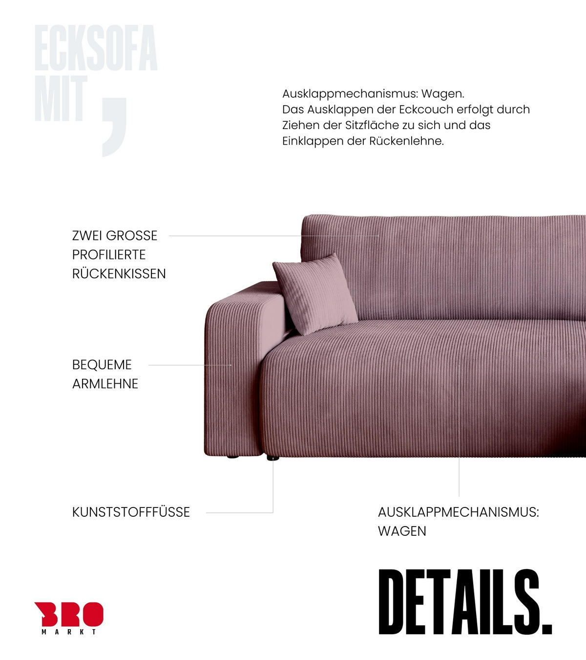 ECKSOFA PUMI mit Schlaffunktion Puderrosa Cord - Rosa, Textil (244/148cm) - Bromarkt