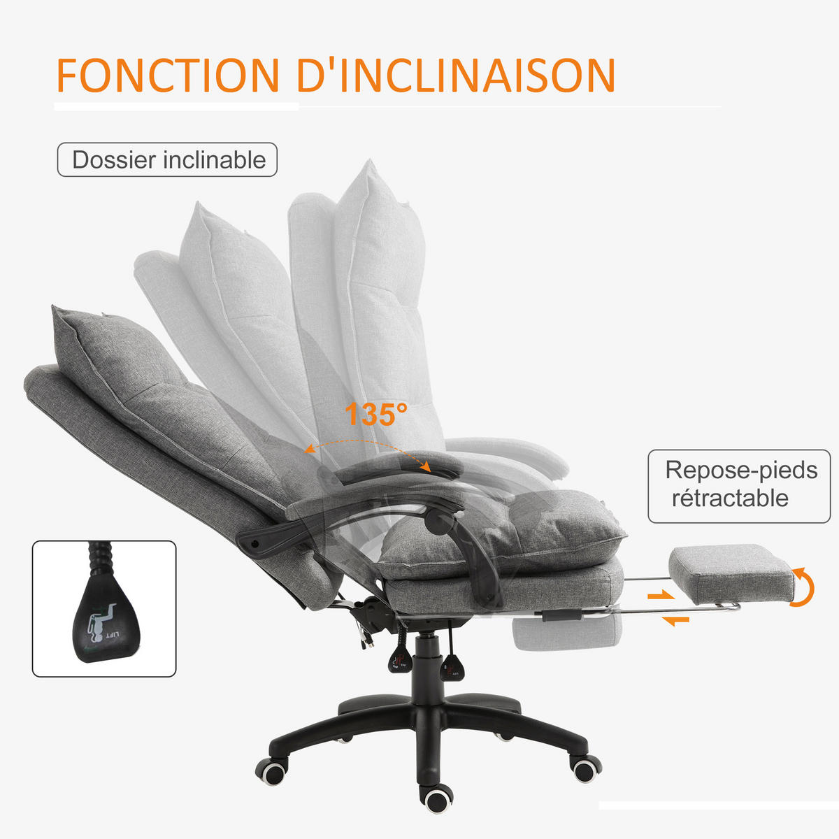 CHEFSESSEL DE-11640 ergonomisch mit Massagefunktion & Fußstütze Grau - Grau, Textil (62/130/70cm) - ComfortXL