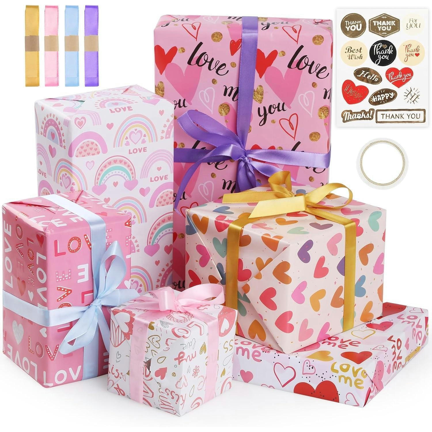 GESCHENKPAPIER-SET 6 Blätter 50 x 70 cm Love Thema mit Zubehör - Multicolor, Papier (50/0.1/70cm)