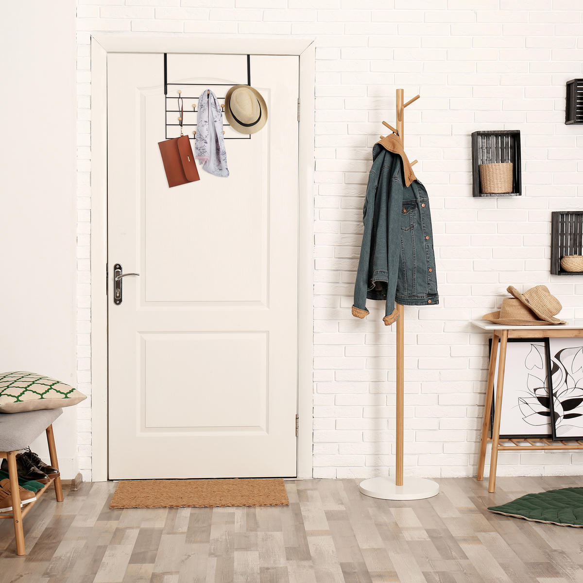 TÜRGARDEROBE Schwarz Natur 10 Haken - Schwarz, Holz/Metall (46/47.5/9cm) - Relaxdays