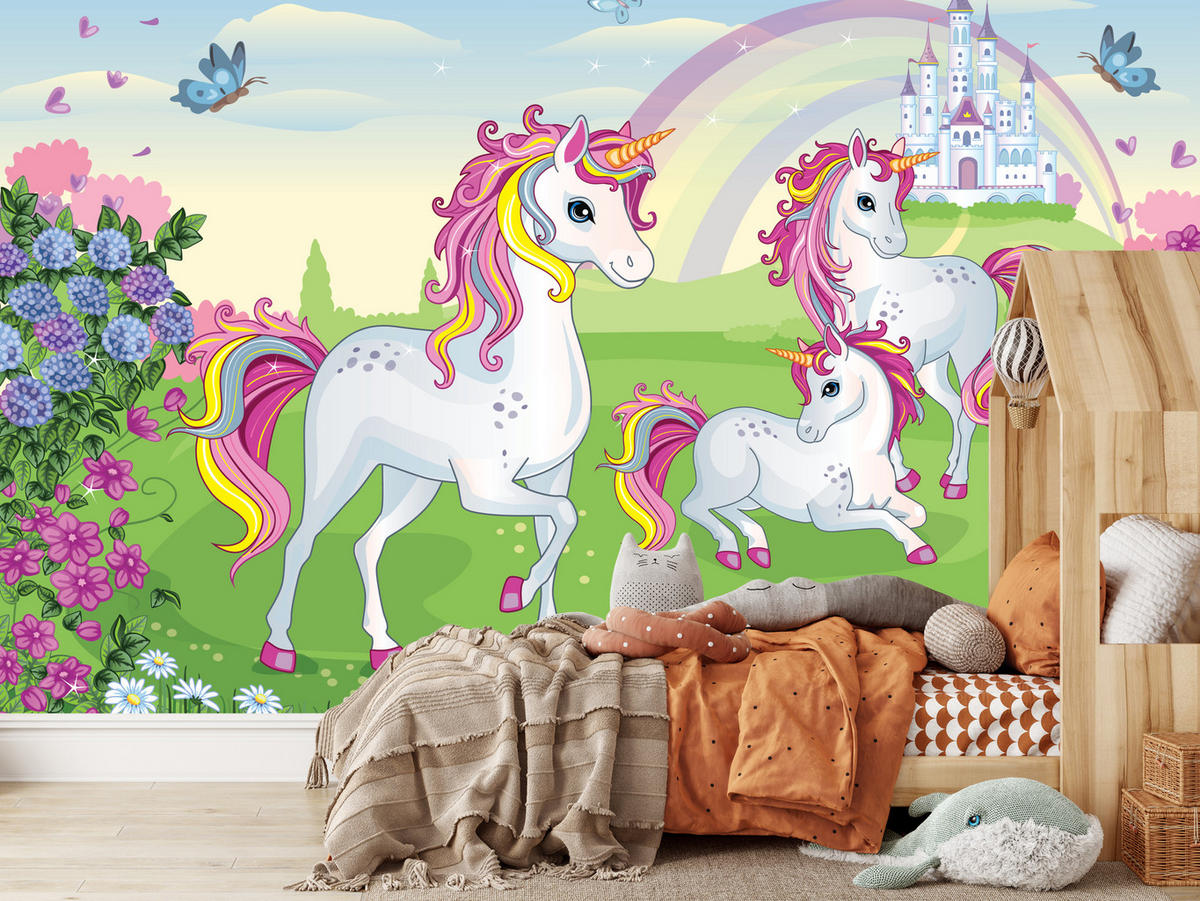 FOTOTAPETE für Kinderzimmer Einhorn Schloss Blumen Märchen 100x70 - Gelb/Violett, Papier (100/70cm) - Muralo