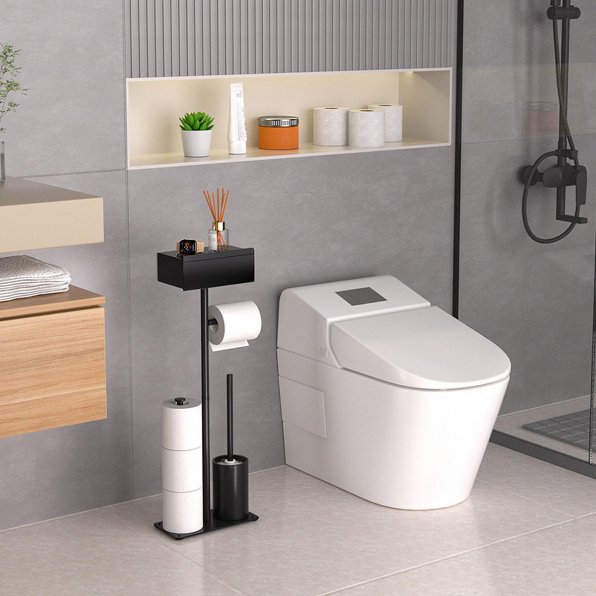 TOILETTENBÜRSTENHALTER – 2-in-1 (Schwarz) 24 x 12 x 69 cm - Schwarz, Metall (12/69/24cm)