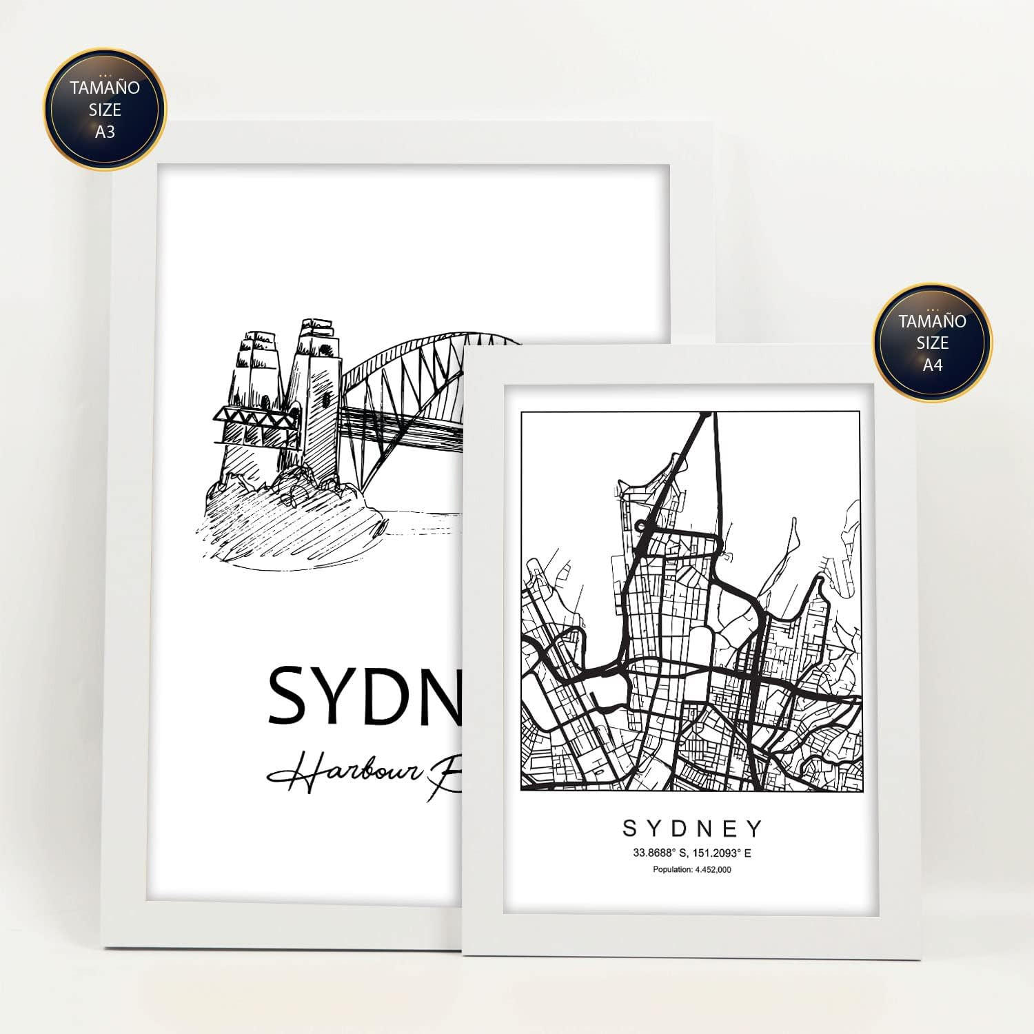 POSTER Set Mit 6 Drucke Von Australien Von Karten In Schwarz Weiß A3 & A4 Weißer Rahmen - Weiß, Papier (29/3cm) - Nacnic