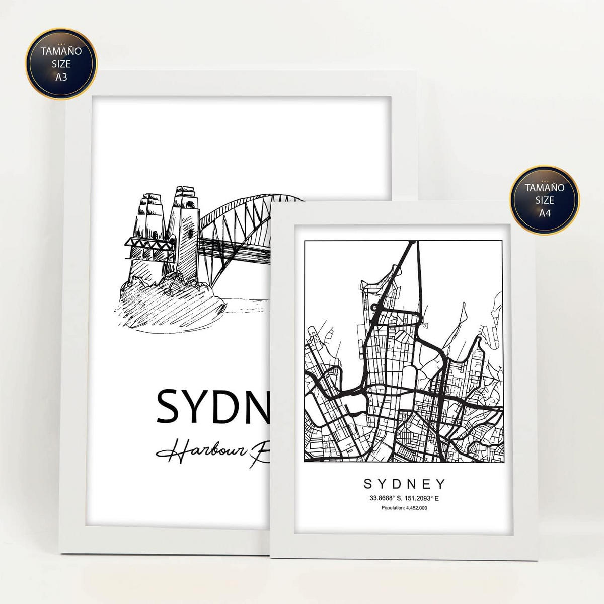 POSTER Set Mit 6 Drucke Von Australien Von Karten In Schwarz Weiß A3 & A4 Weißer Rahmen - Weiß, Papier (29/3cm) - Nacnic