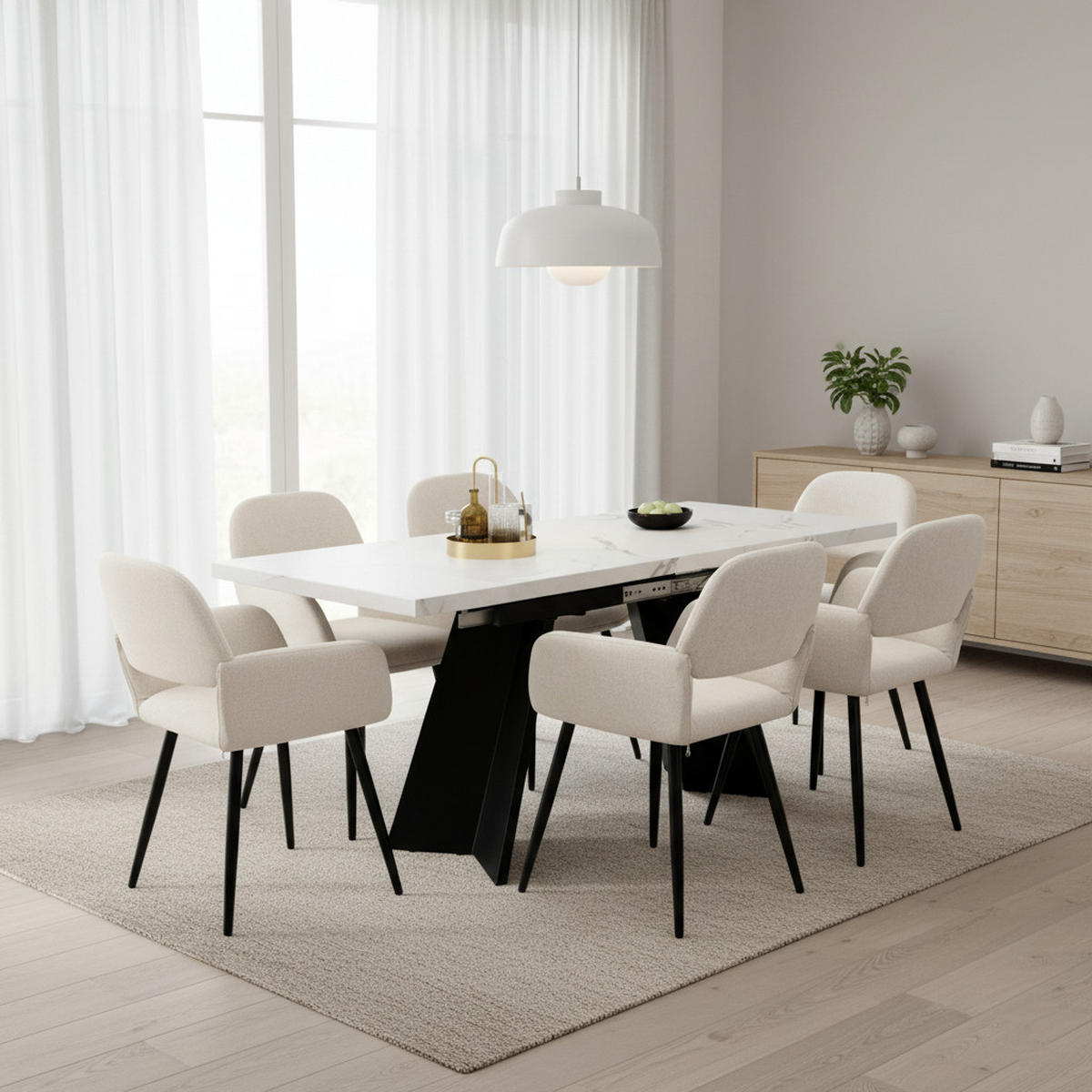 TISCHGRUPPE 7-teilig Ausziehtisch Marmoroptik Weiß & 6x 360° Drehstühle Beige - Schwarz/Weiß, Holzwerkstoff/Textil (159/77/74cm) - Urban Meuble