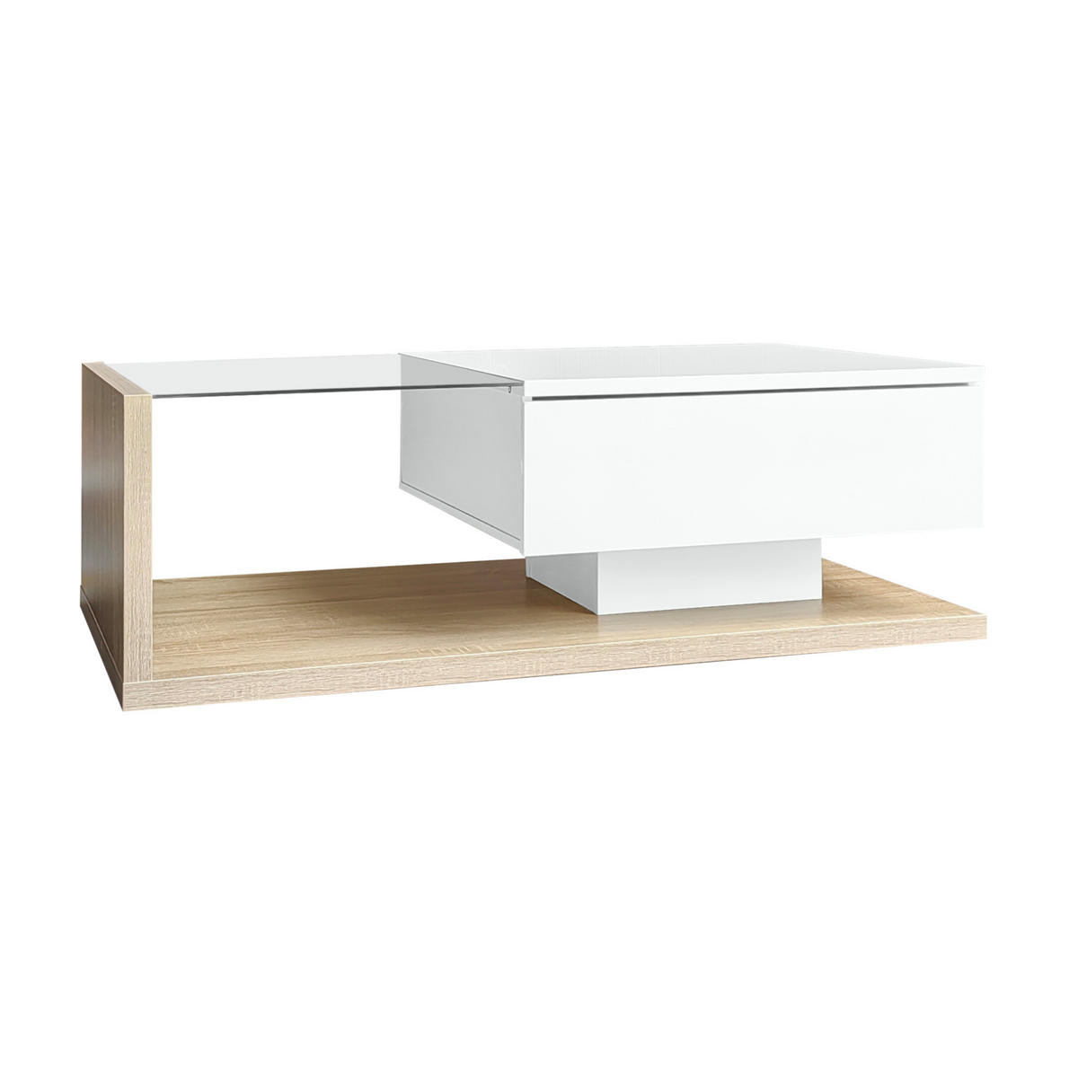 COUCHTISCH, Holzton/Hochglanz Weiß mit Glasplatte & 16-farbiger LED-Beleuchtung, 105/55/32,5 cm,Naturfarben - Naturfarben, Holzwerkstoff (55/105/32.5cm) - Redom
