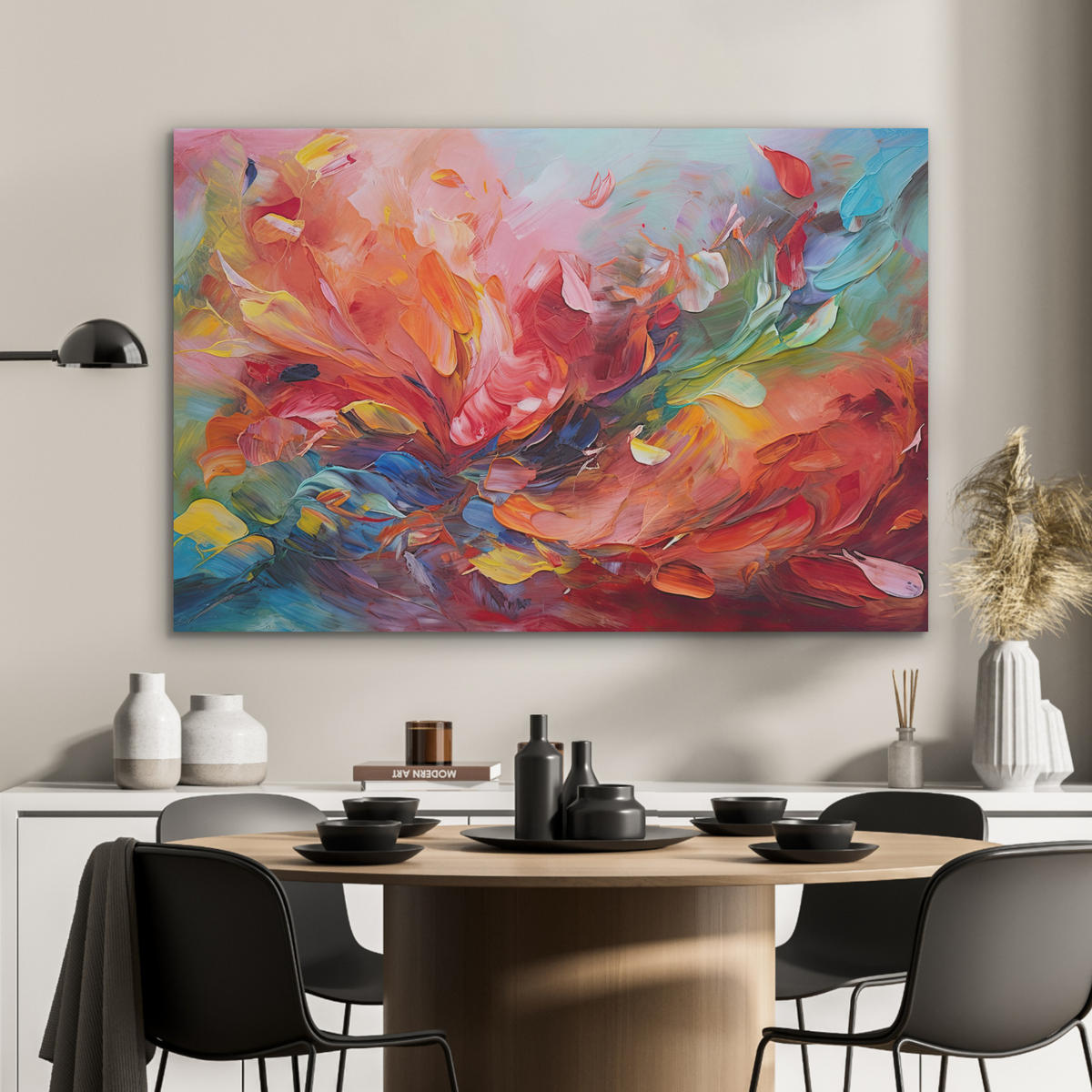 AKUSTIKBILD Ölgemälde - Kunst - Abstrakt - Farbenfroh Wandbild Wohnzimmer 100x70 cm - Altrosa, Textil (100/70/0.9cm) - MuchoWow