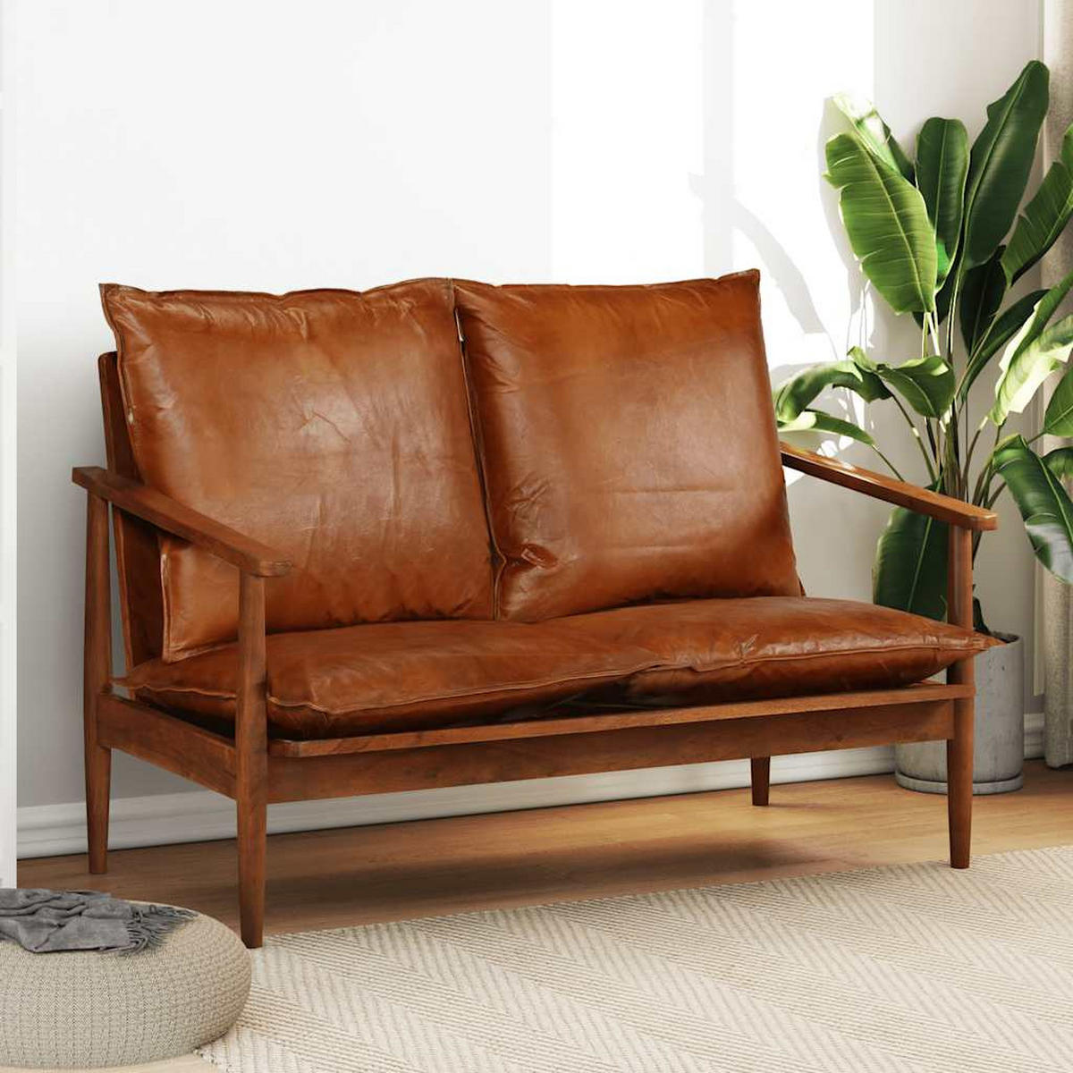 2-SITZER-SOFA Echtleder Akazienholz Braun - Braun, Leder (116/74/69cm) - vidaXL