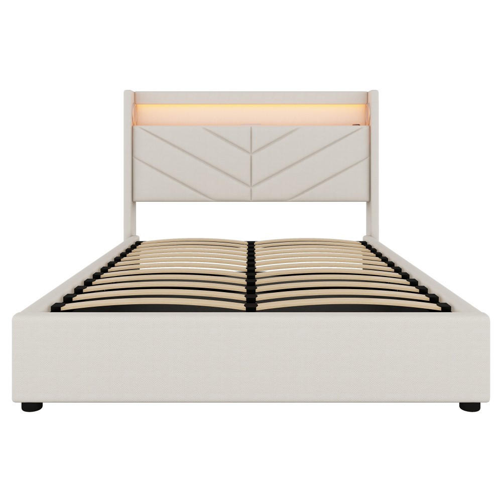 POLSTERBETT 140 x 190 cm in Beige Leinen mit Mit USB und Stereoanlage - Beige, Holz/Textil (140/190cm) - KOMHTOM