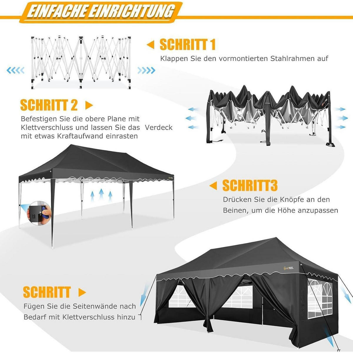 FALTPAVILLON 3x6m schwarz mit 6 Seitenwänden und 4 Sandsäcken - Schwarz, Metall (300/320/600cm)