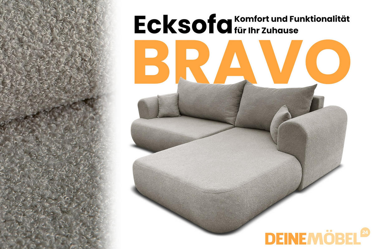 ECKSOFA BRAVO 280/180 in Bouclé Grau-beige rechts - Graubraun, Holz/Holzwerkstoff (280/180cm) - Deine Möbel 24