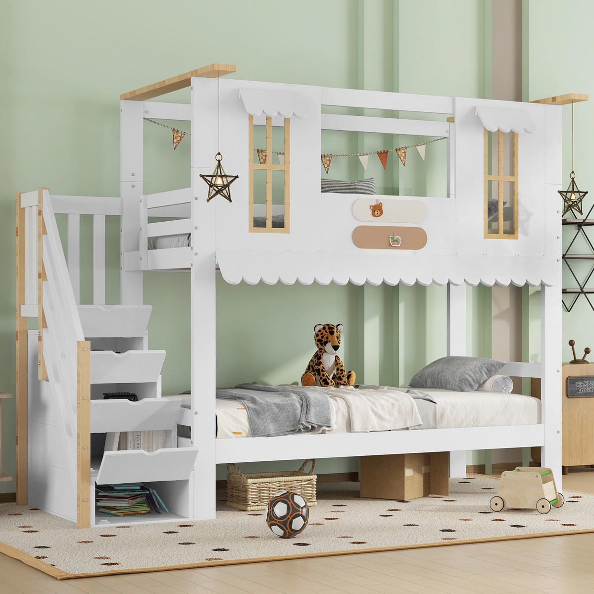 POSCHODOVÁ posteľ, 90/200 cm borovica a MDF biela/prírodná s úložnými schodmi - biela, drevo (90/200cm) - BEAOK