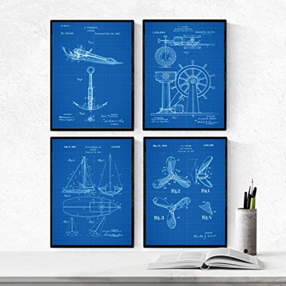 POSTER Set mit 4 Blau Patenten Booten A4 Rahmenlos - Klar, Papier (29.7/3cm) - Nacnic
