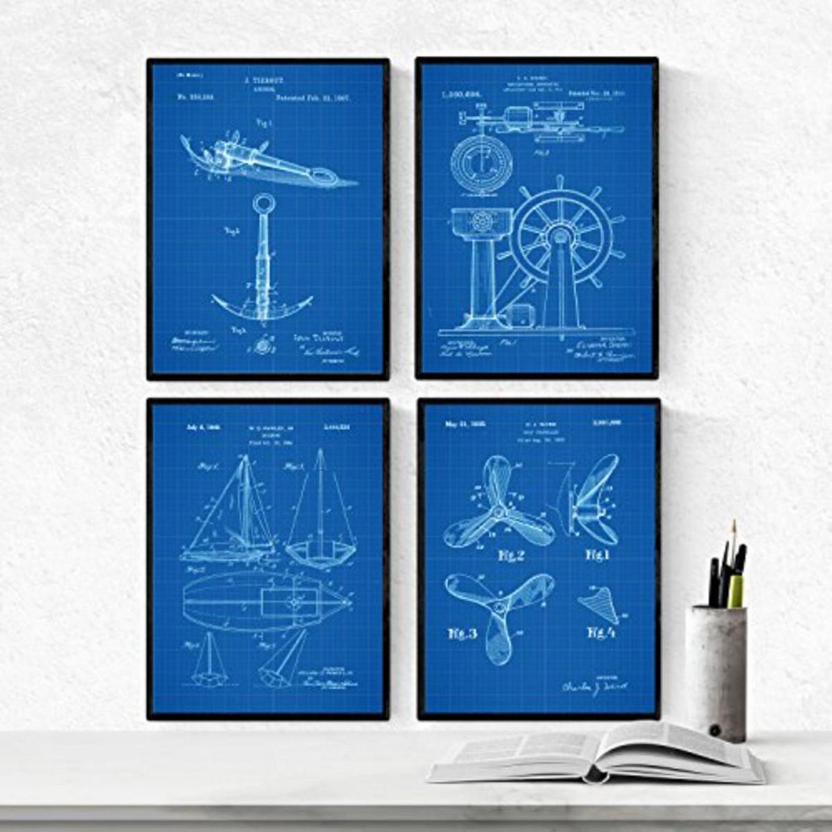 POSTER Set mit 4 Blau Patenten Booten A4 Rahmenlos - Klar, Papier (29.7/3cm) - Nacnic