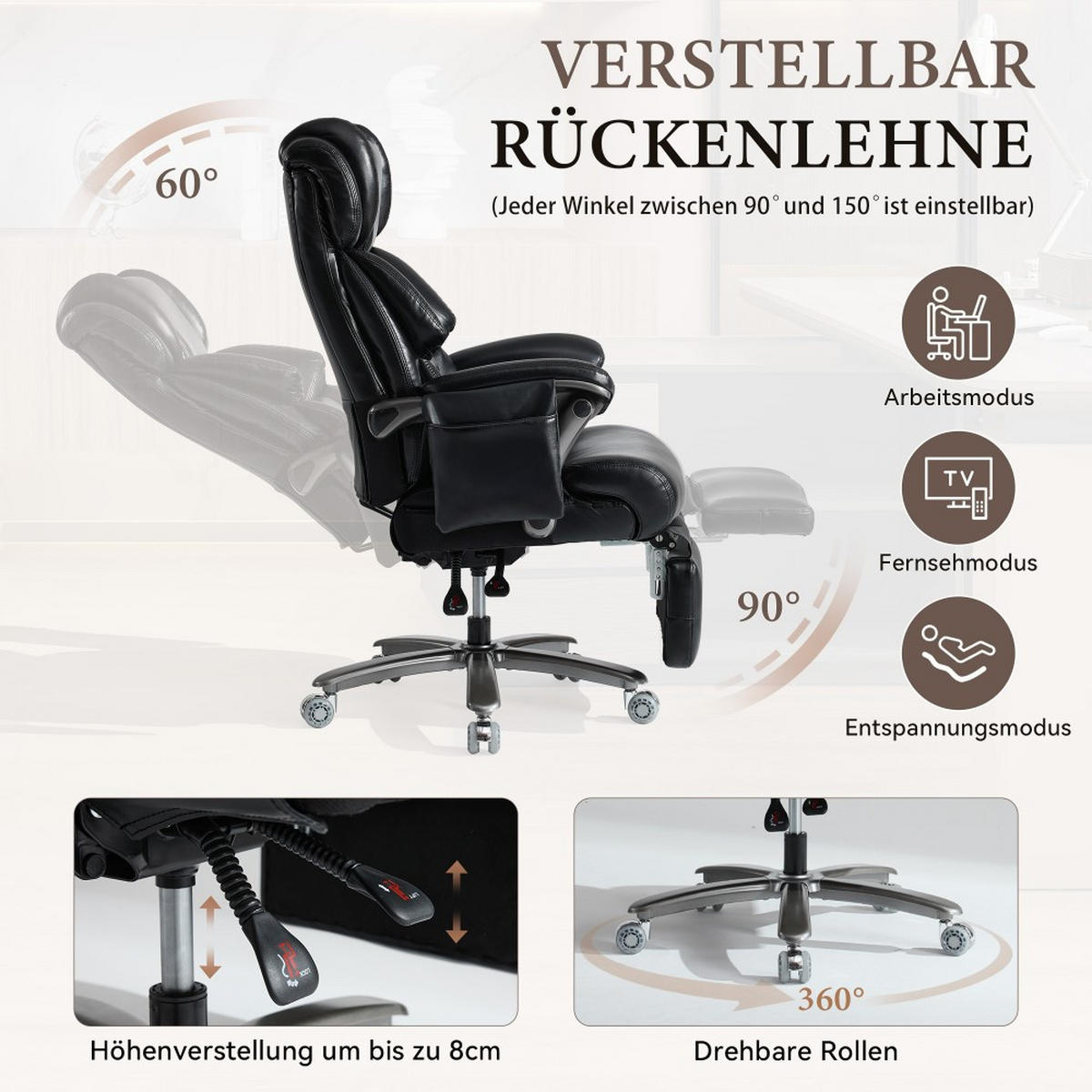 CHEFSESSEL mit Massage-Heizung Schwarz - Schwarz, Naturmaterialien (76.5/121.5/85.5cm)