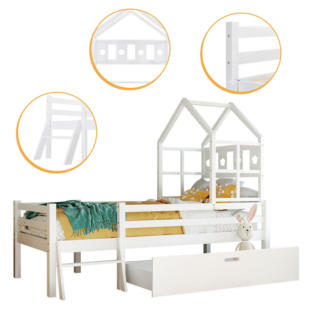 HAUSBETT 90/200 cm Weiß aus Massivholz mit Schublade - Weiß, Holz (90/200cm) - OKMYHOME
