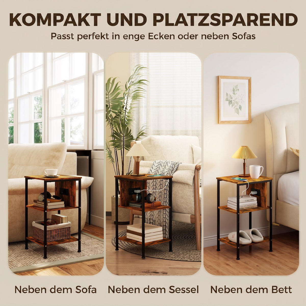 BEISTELLTISCH Spanplatte Stahl Rustikal-Braun - Schwarz/Braun, Holzwerkstoff/Metall (34/30/58cm) - HOMCOM