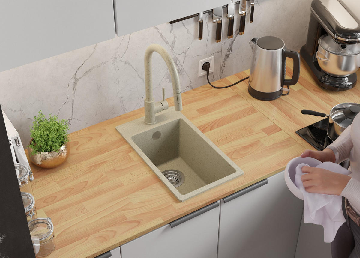 GRANITSPÜLE Riga, 2-er set Beige 28/50 cm 1 Becken + Küchenarmatur 38/14 cm + Ablauf-Set ab 30er Unterschrank - Beige, Kunststoff (28/20/50cm) - Primagran