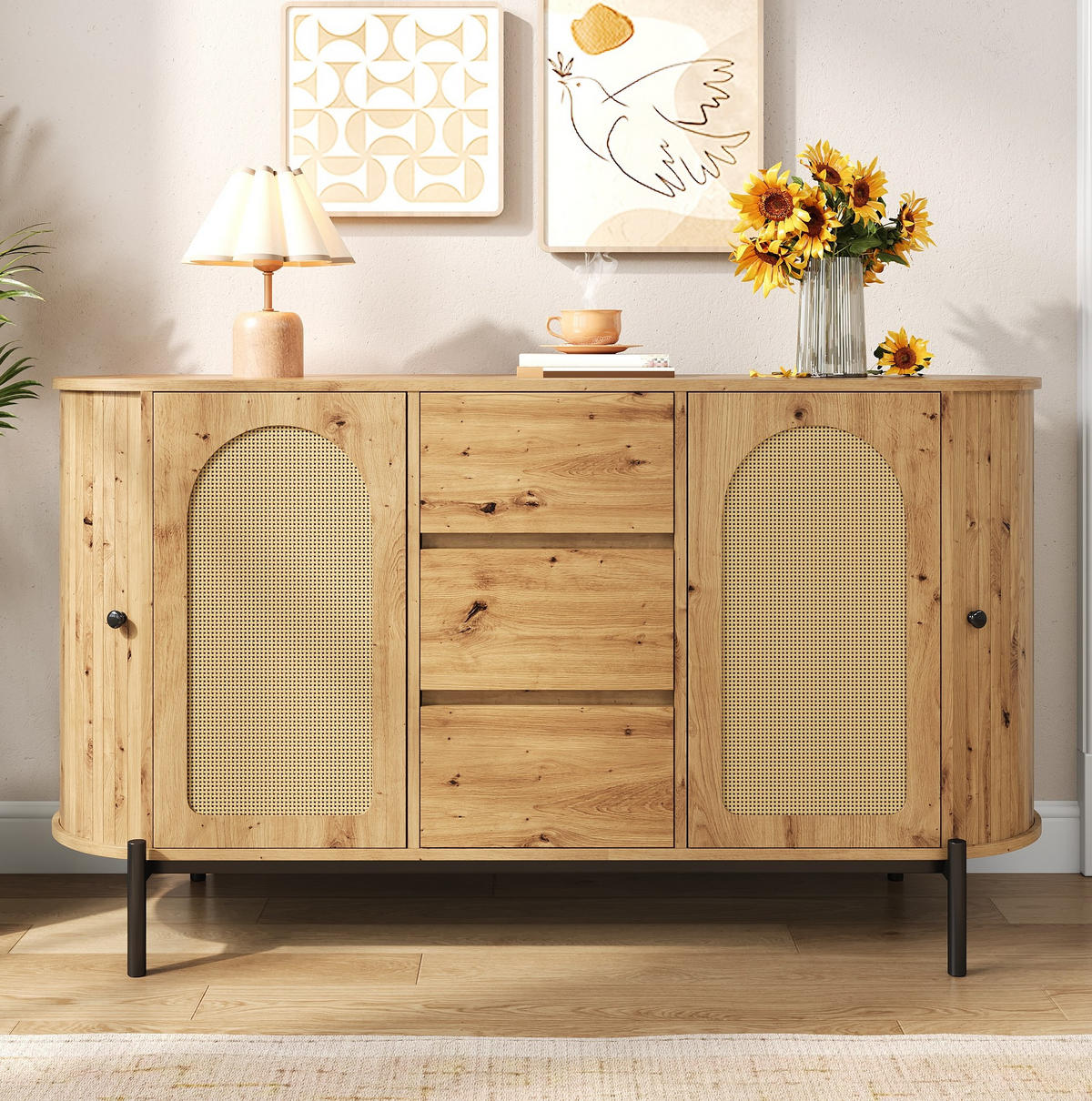 SIDEBOARD 140/38/77,5 cm Natur aus MDF mit Rattan-Türen und Schubladen - Naturfarben, Holzwerkstoff (38/77.5/140cm) - OKWISH