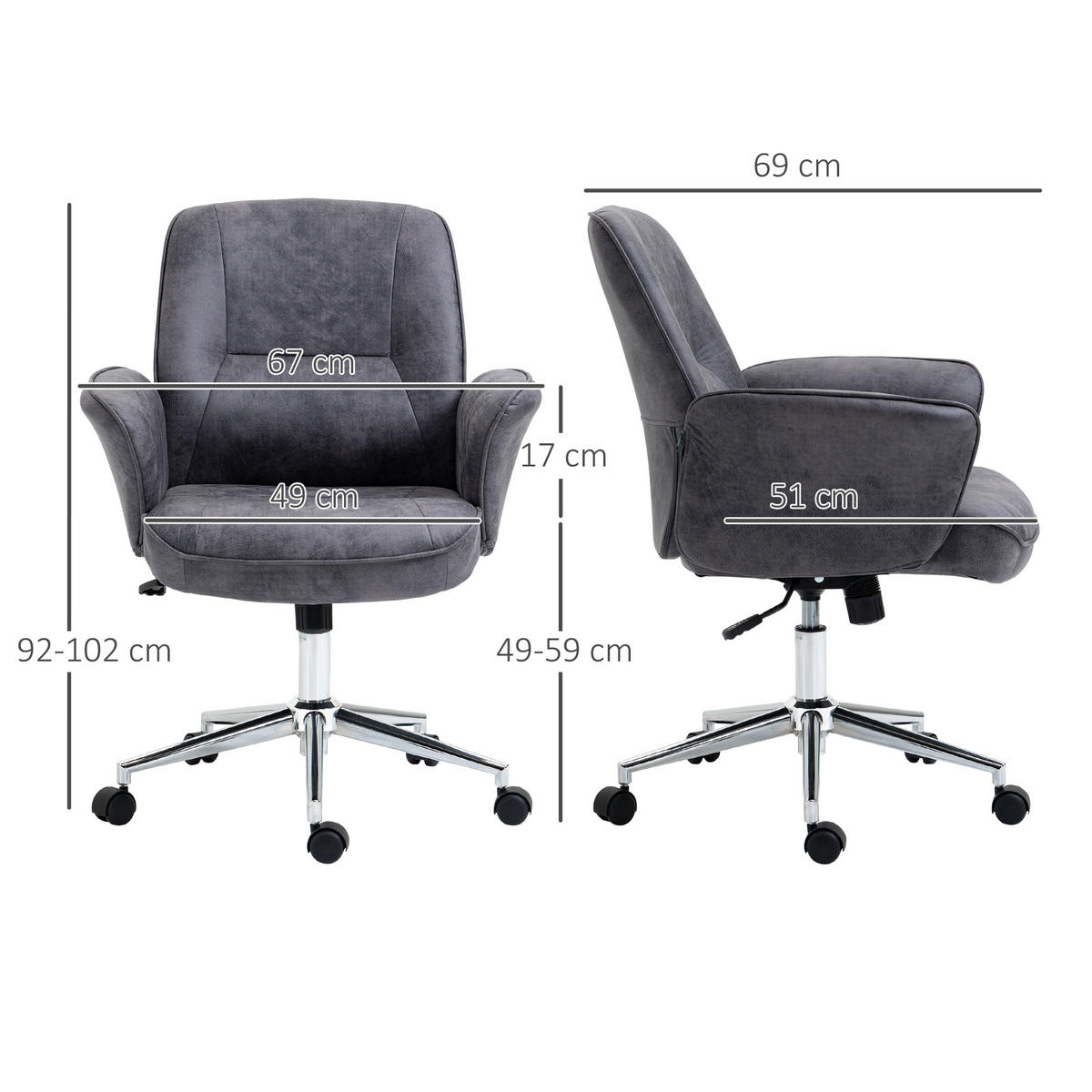 BÜROSTUHL Schreibtischstuhl drehbar verstellbar Mikrofaser Schaumstoff Grau - Dunkelgrau, Kunststoff (69/102/67cm) - Vinsetto