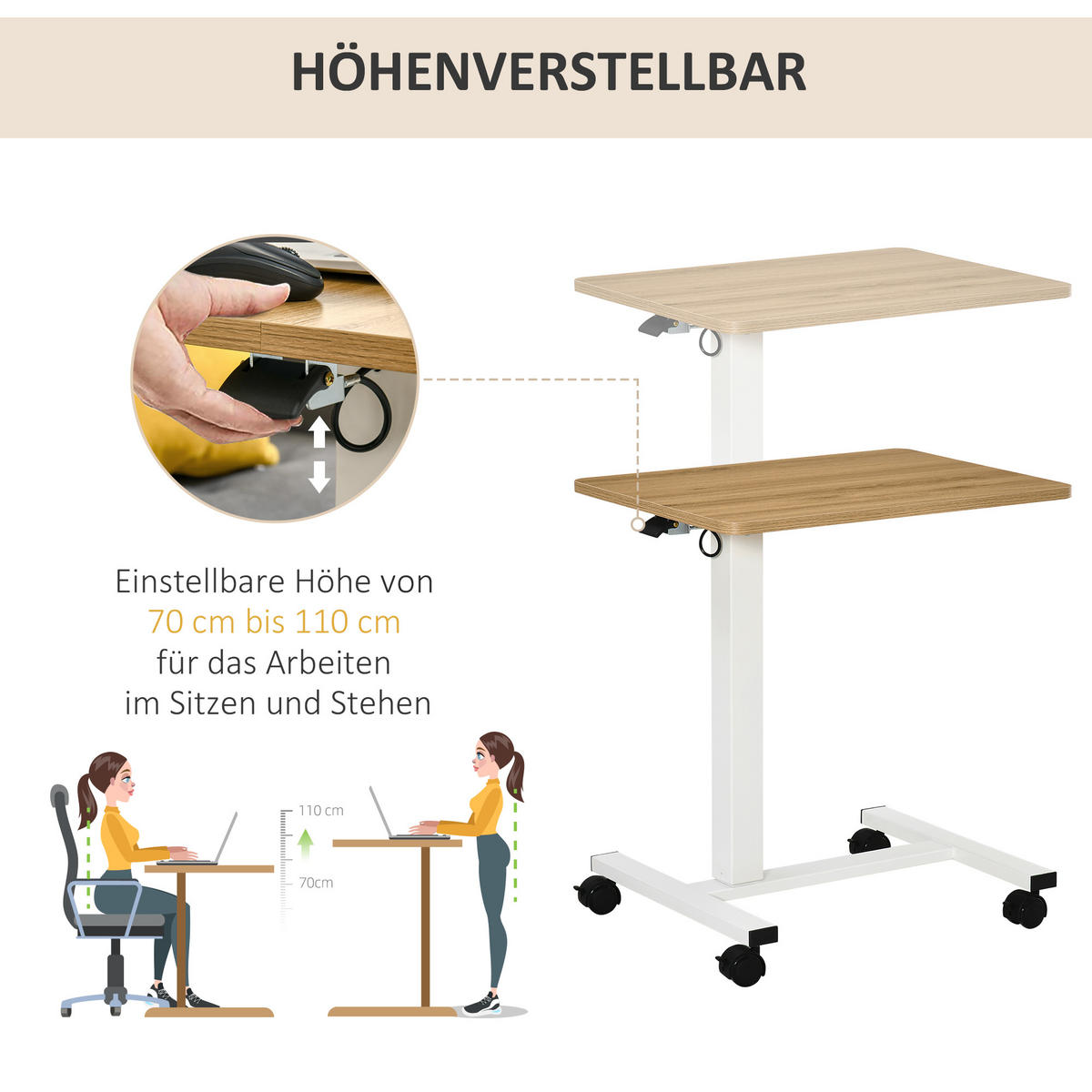 SCHREIBTISCH Laptoptisch mit Gaslift Höhenverstellbar C-Form Beweglich bis 70kg - Naturfarben, Kunststoff (65/48/110cm) - HOMCOM