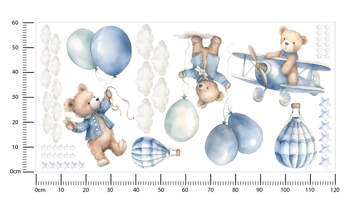 WANDSTICKER Bären Ballons 120x60 - Blau/Beige, Papier (120/60/60cm) - Muralo