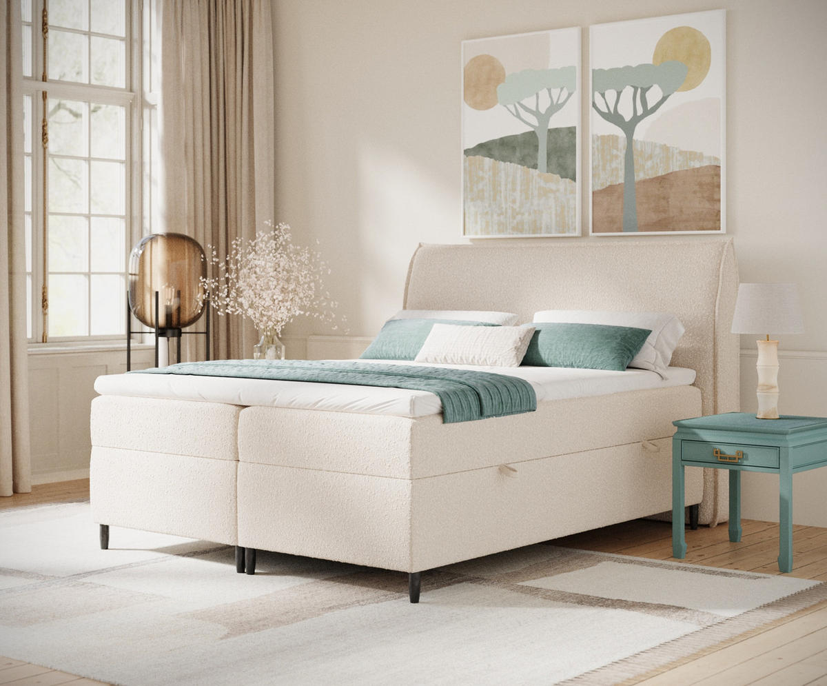 BOXBETT 200/200 cm Corvus, in Hellbeige, Matratze, Topper, Bettkasten, H4 = sehr fest - Creme/Schwarz, Holz/Holzwerkstoff (200/200cm) - Maison de Reve