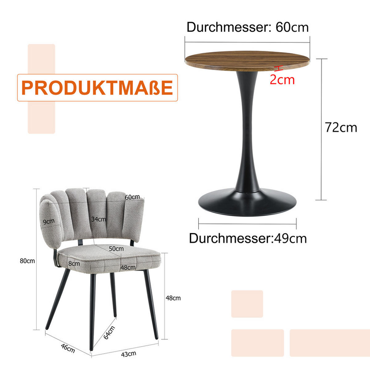TISCHGRUPPE 3-tlg Runder Tisch 60 cm mit 2 Stühlen Grau - Grau, Metall (73.5/21.5/76cm) - Raelunyi