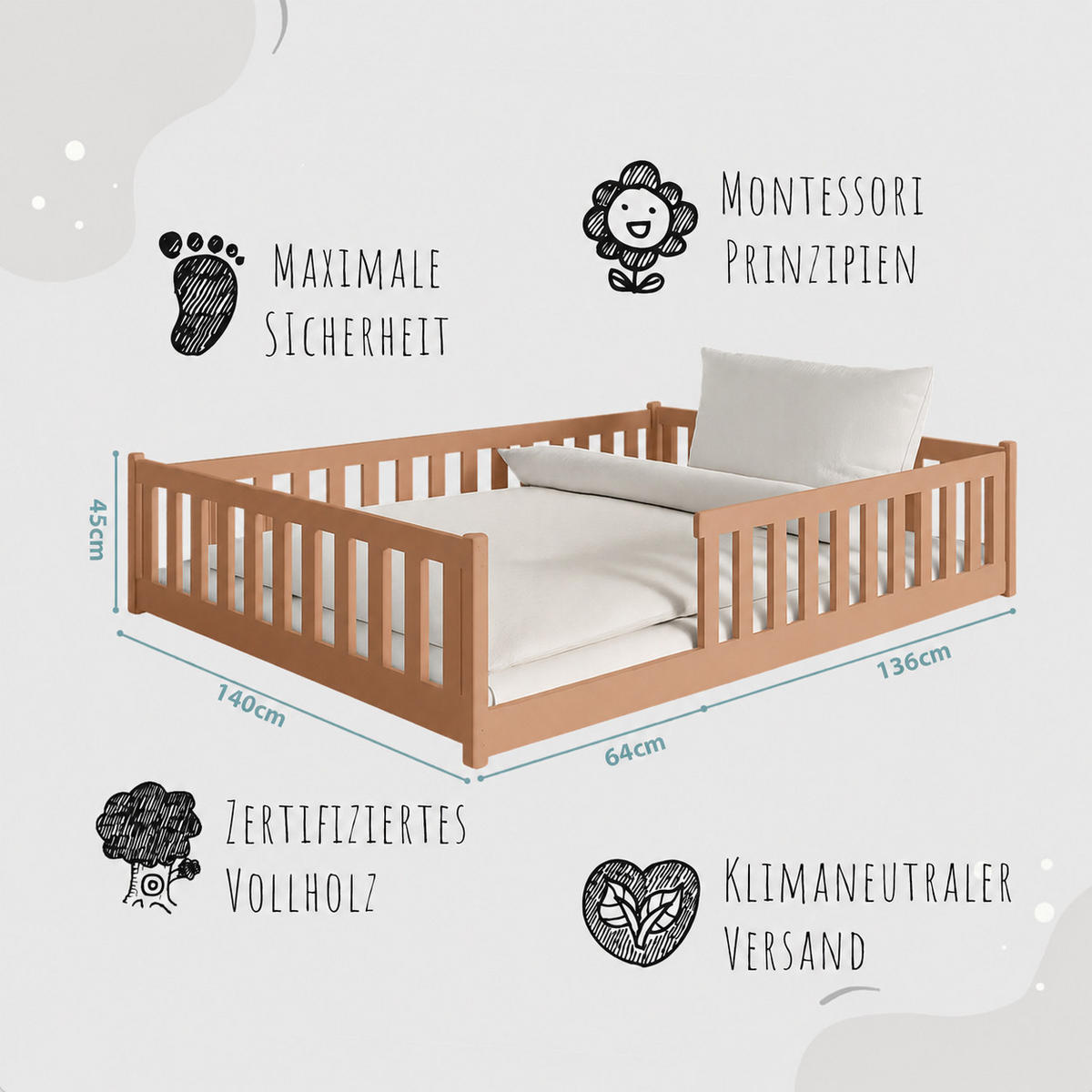 BODENBETT 140x200 cm in Zimt - Braun, Holz (140/200cm) - Kids Collective