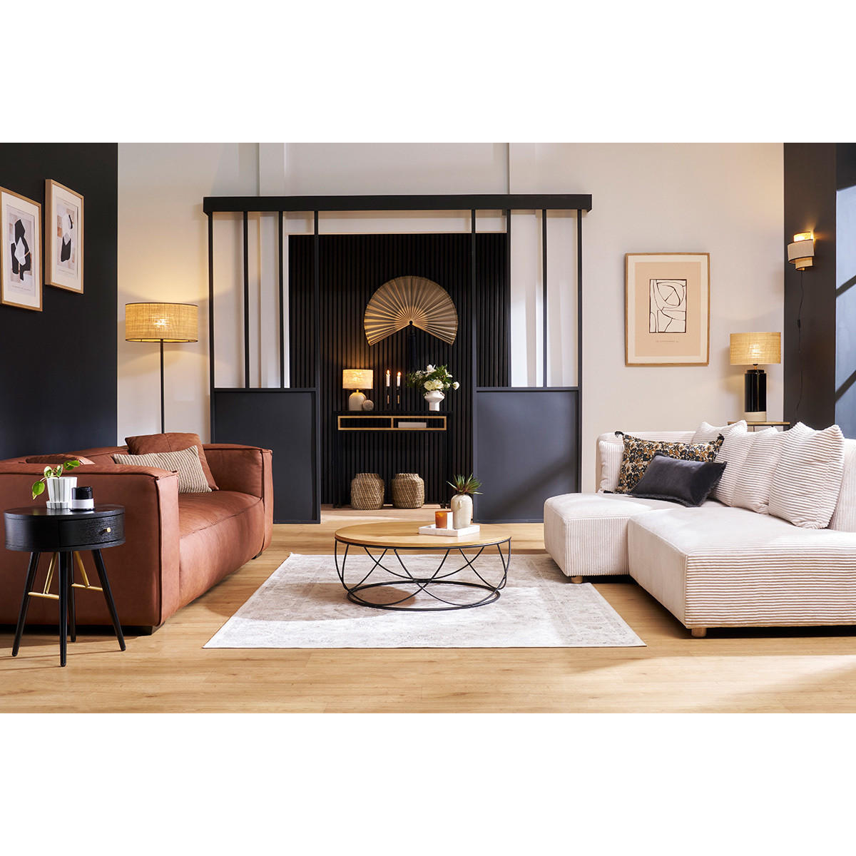 COUCHTISCH Holz Metall Schwarz Rund 80 cm LACE - Dunkelbraun, Holz (80/80/30cm) - Miliboo