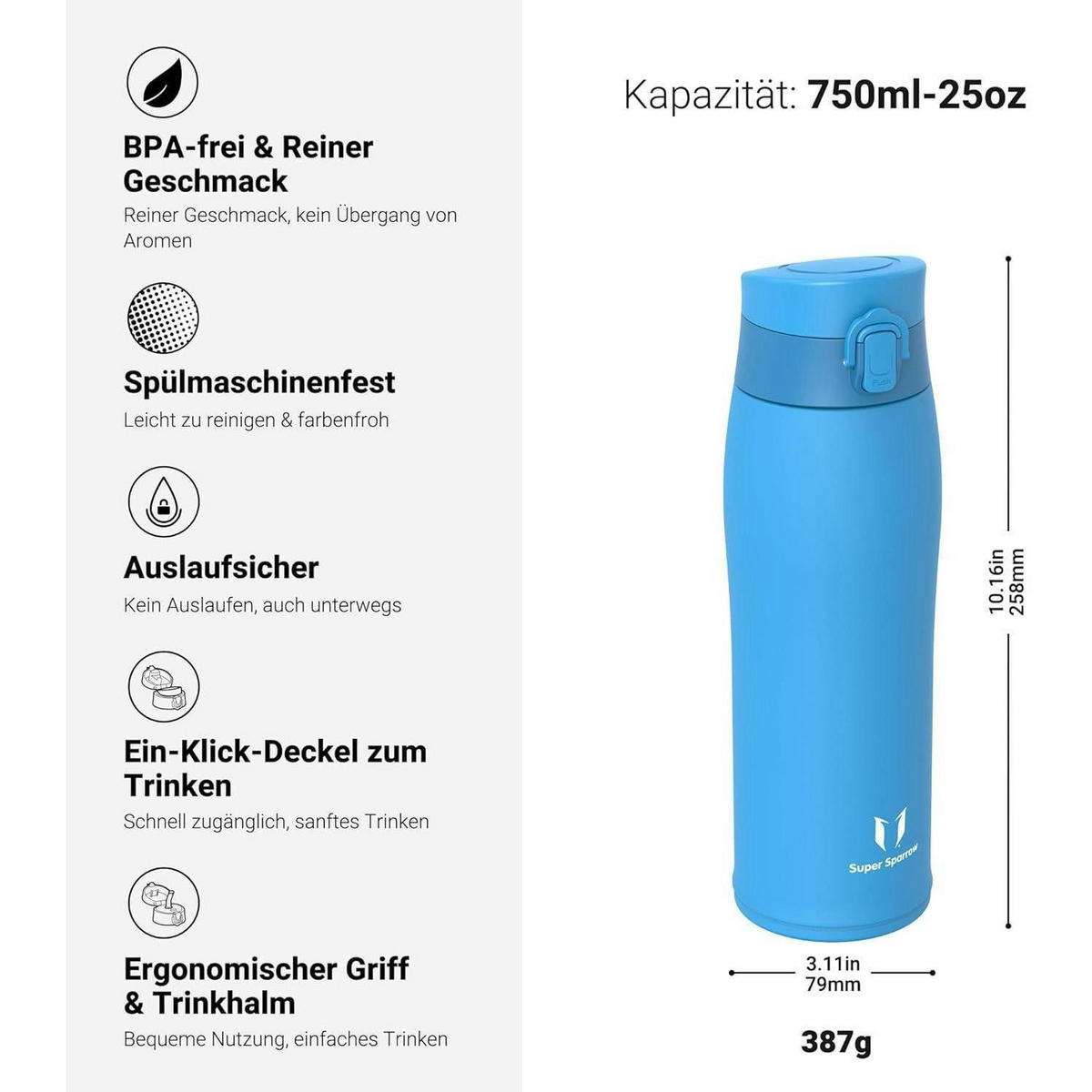 TRINKFLASCHE Edelstahl 750 ml Himmelblau - Hellblau, Metall (8.1/8.1cm)