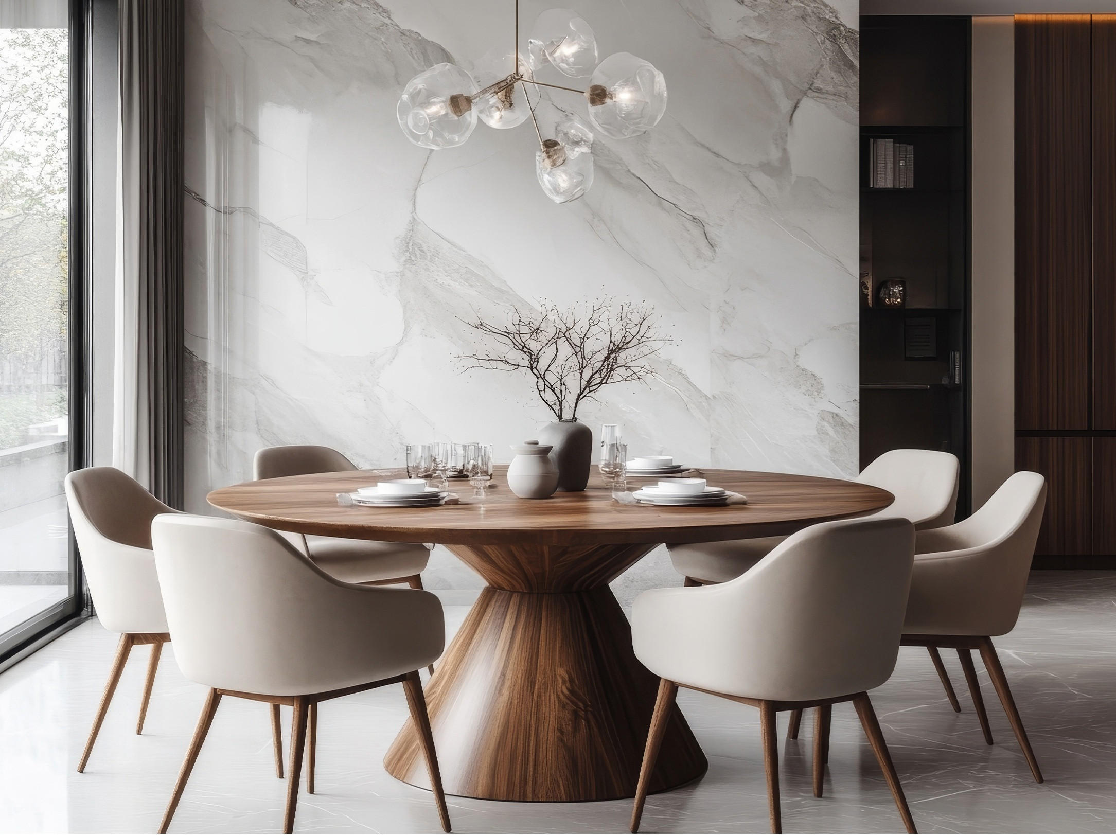 Moderner Essbereich mit rundem Holztisch und Stühlen mit einer stilvollen Molecular Hängeleuchte über dem Tisch.