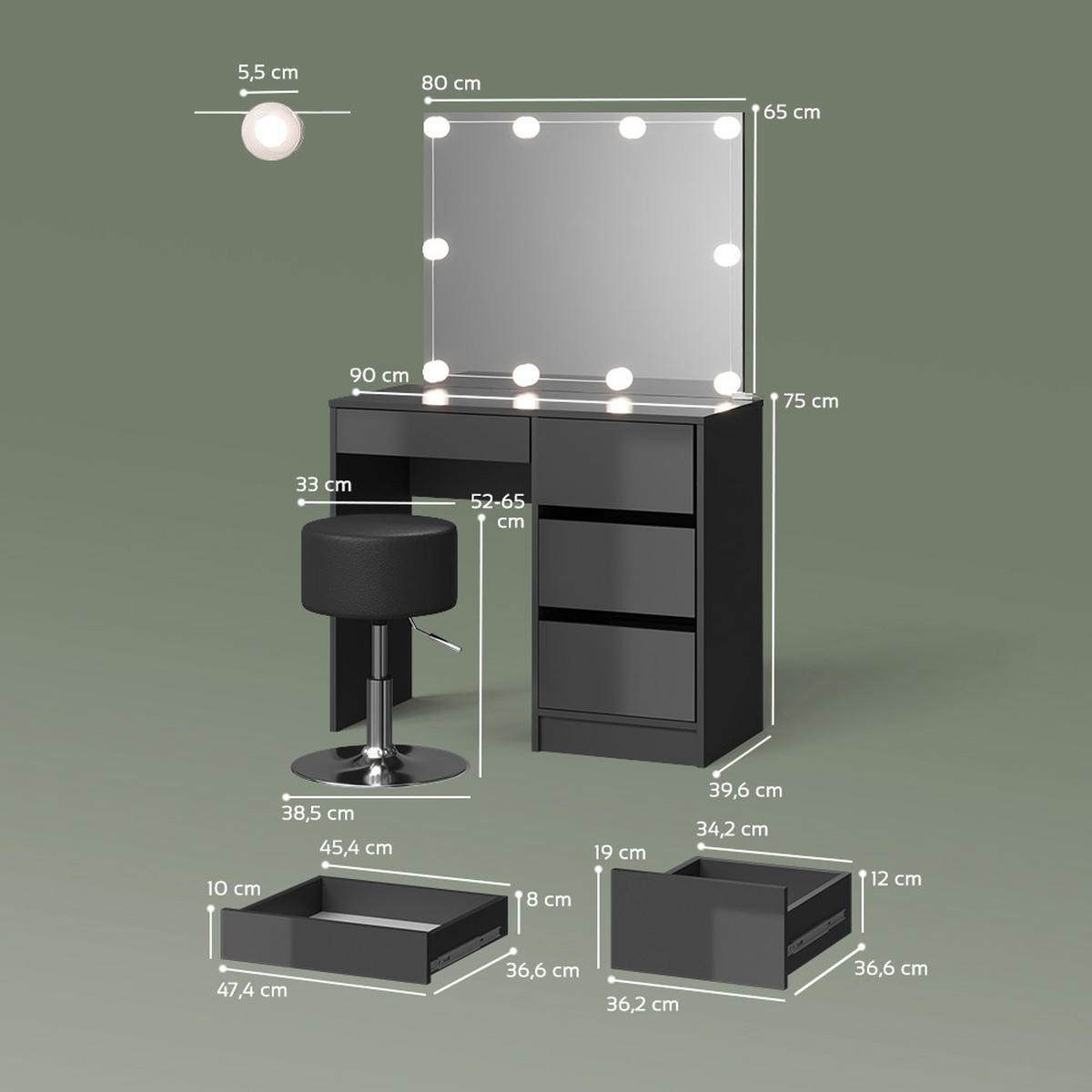 SCHMINKTISCH Imola Anthrazit mit LED Beleuchtung und Hocker - Anthrazit, Holzwerkstoff (90/75/40cm) - Livinity®